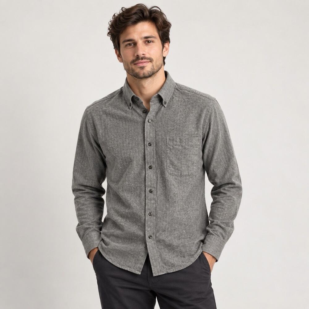 Proper Cloth Ludlow Grey Melange Brushed Herringbone Shirt Mens Small 15.5-31